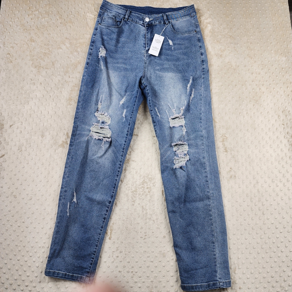 Distressed Blue Women's Stretch Boyfriend Jeans Ripped Size L